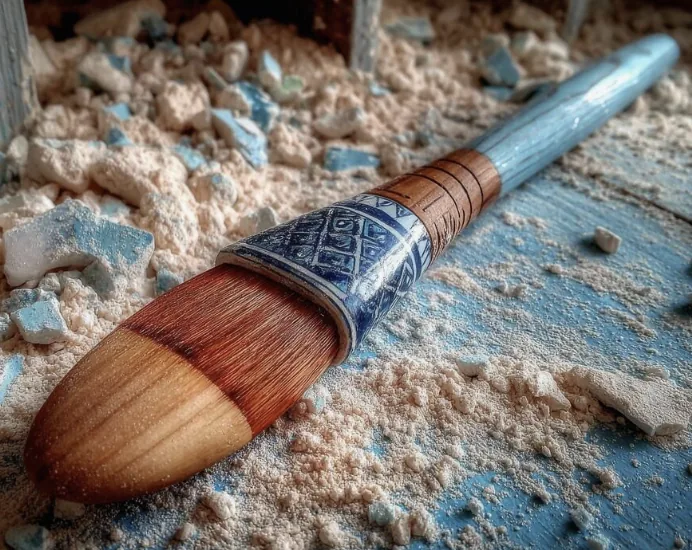 Artisan brush resting in stone dust