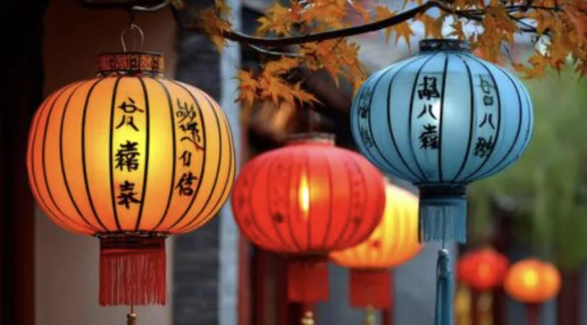 Chinese lanterns glowing orange red and blue