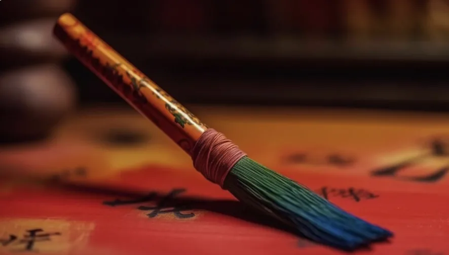 Decorative dragon brush resting on red calligraphy paper
